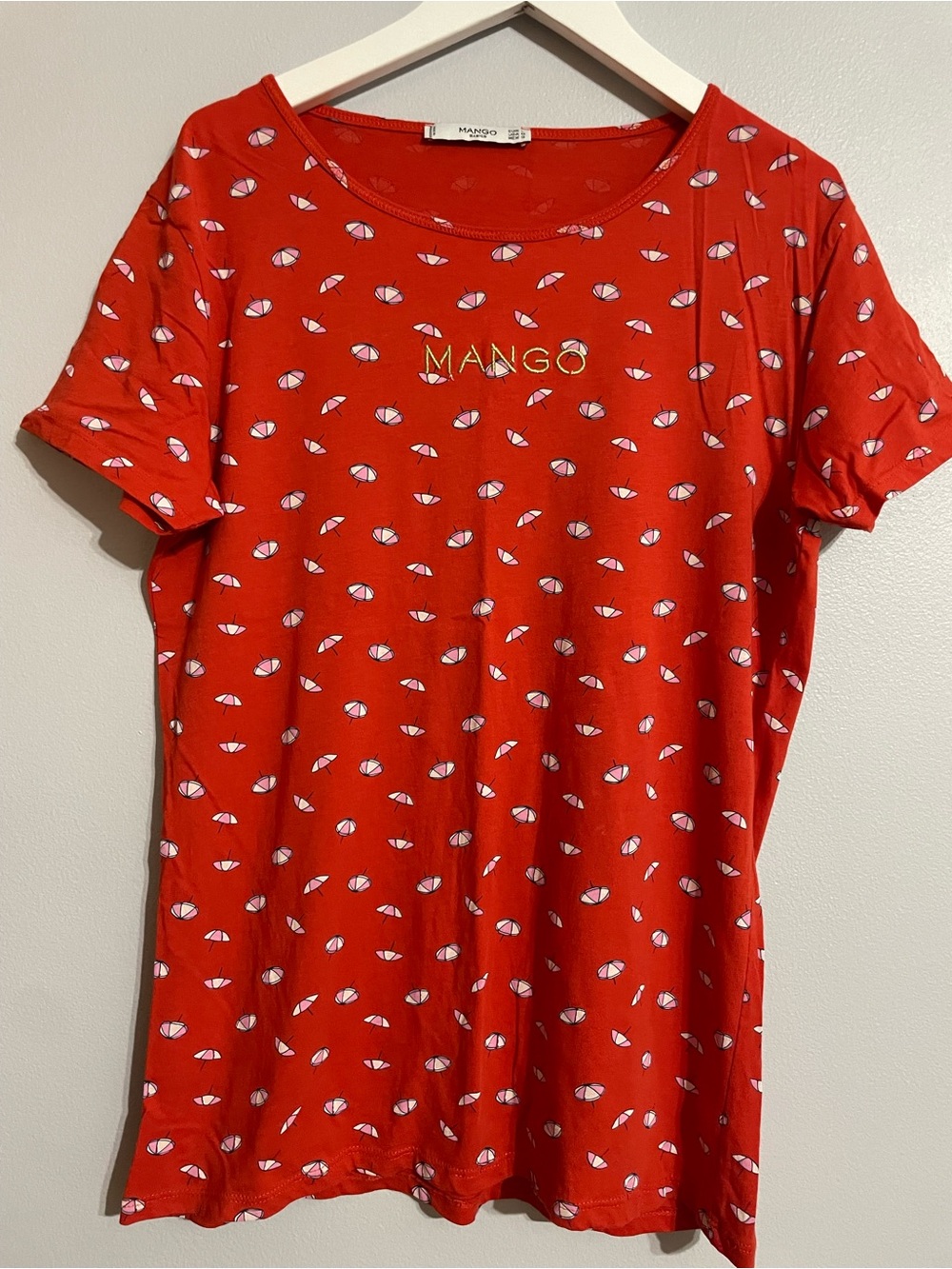Mango Red Tee with White Umbrella Motif and Gold Logo